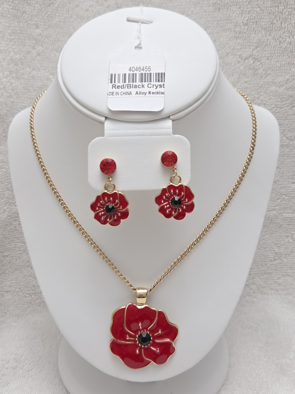Red & Black Austrian Crystal and Enameled Poppy Flower Set